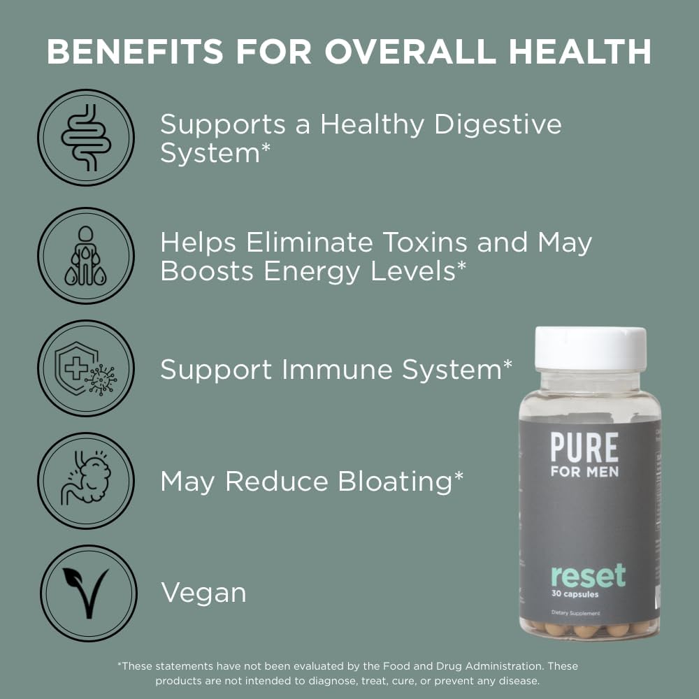 120 Capsules Pure for Men Original Vegan Cleanliness Fiber Supplement + 30 Capsules Reset Detox Supplement