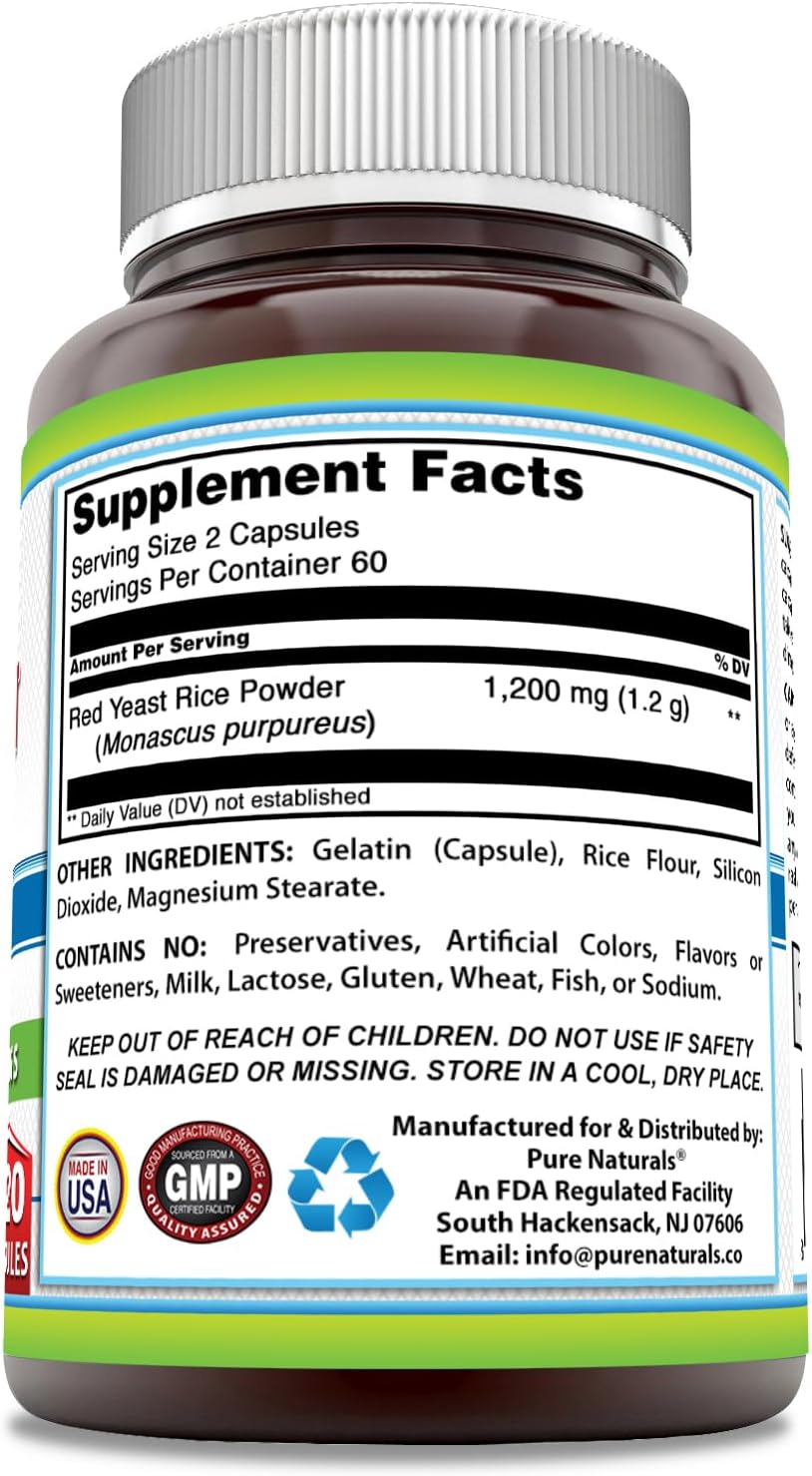 120 Capsules Pure Naturals Red Yeast Rice Supplement - 1200 Mg per Serving | Non-GMO, Gluten Free, Made in USA