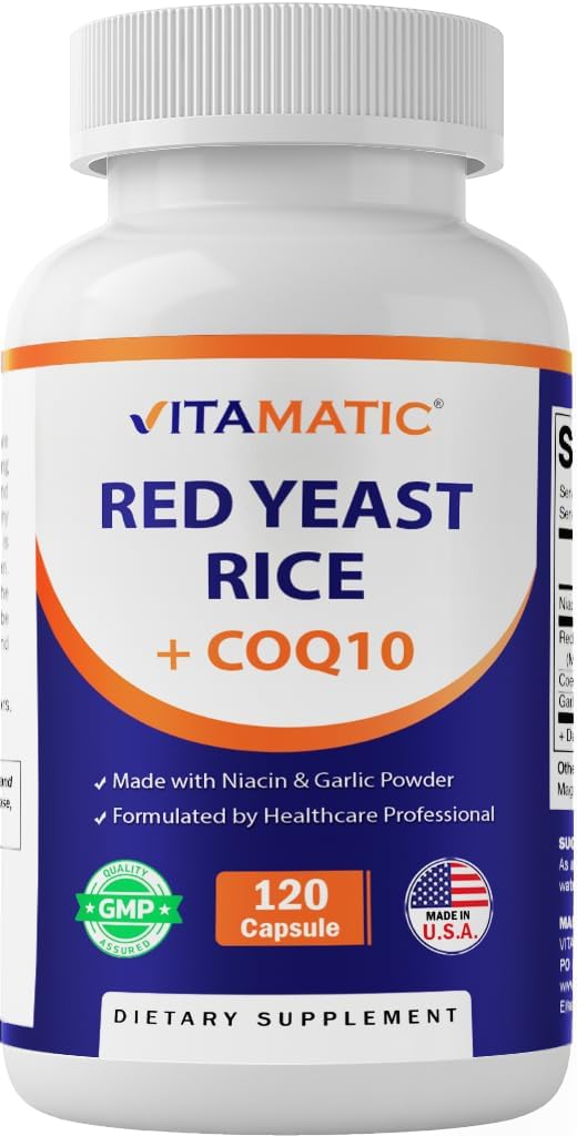 120 Capsules Vitamatic Red Yeast Rice 1200mg with CoQ10, Niacin, & Garlic - Citrinin-Free Formula