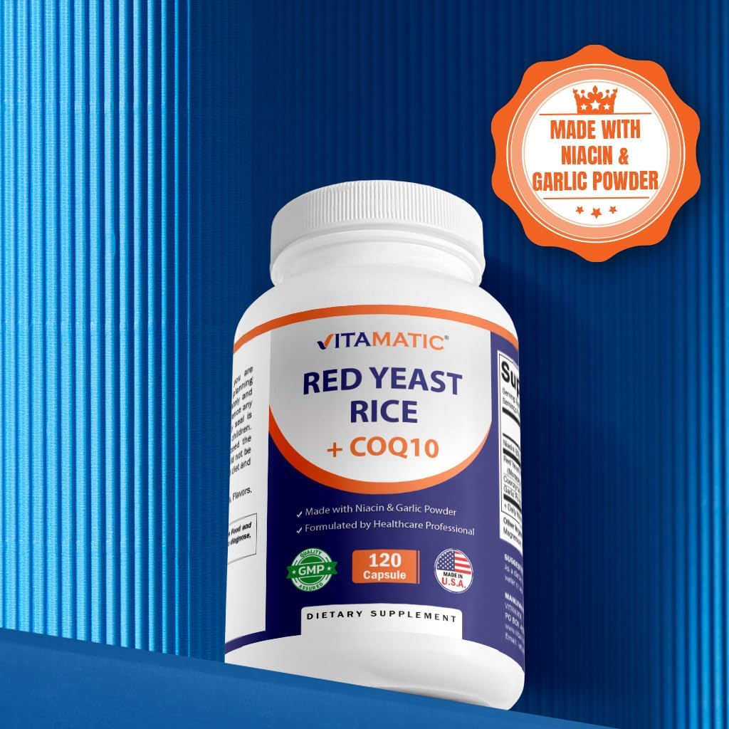 120 Capsules Vitamatic Red Yeast Rice 1200mg with CoQ10, Niacin, & Garlic - Citrinin-Free Formula
