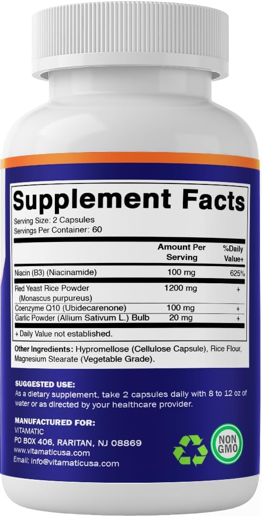120 Capsules Vitamatic Red Yeast Rice 1200mg with CoQ10, Niacin, & Garlic - Citrinin-Free Formula