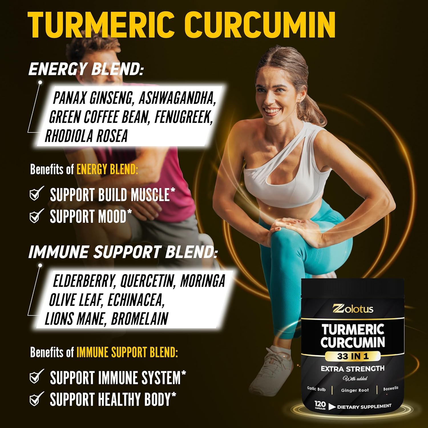120 Capsules Zolotus Turmeric Curcumin with Ginger, Ginseng, Bromelain, Moringa, Black Pepper - Joint & Absorption Support, 95% Curcuminoids - BoostGo Australia