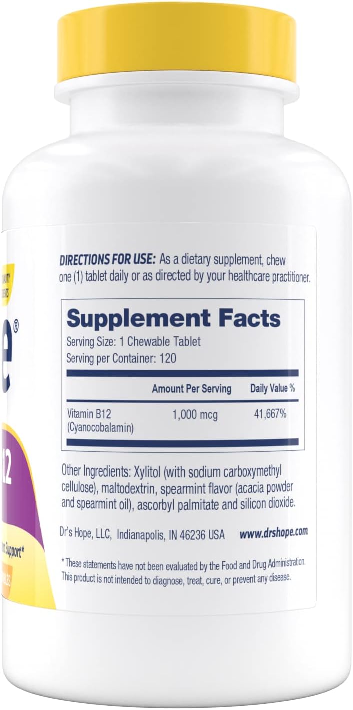 120 Chewable Tablets of Dr's Hope Vitamin B12 1000 Mcg - Boost Metabolism, Energy, Nervous System Support - Non-GMO & Gluten Free - 1 Tablet Per Serving