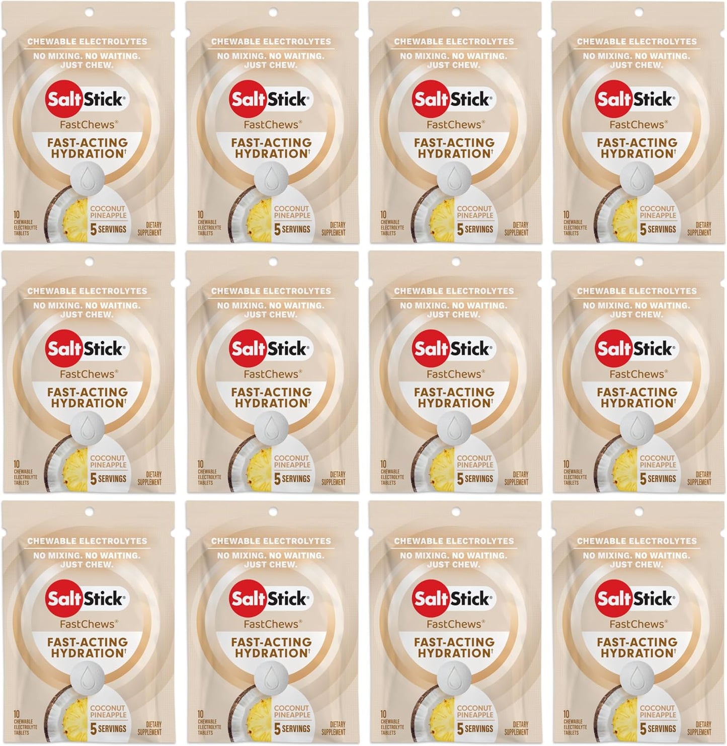 120 Coconut Pineapple Electrolyte FastChews Tablets for Runners & Hydration - 12 Packets of 10 Chews - Sports Nutrition & Salt Tablets