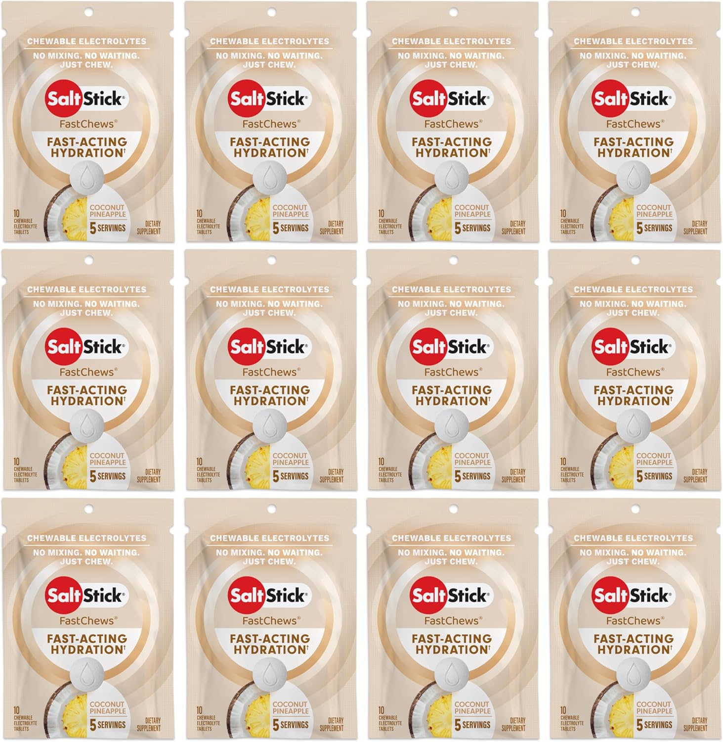 120 Coconut Pineapple Electrolyte FastChews Tablets for Runners & Hydration - 12 Packets of 10 Chews - Sports Nutrition & Salt Tablets