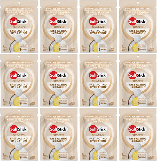 120 Coconut Pineapple Electrolyte FastChews Tablets for Runners & Hydration - 12 Packets of 10 Chews - Sports Nutrition & Salt Tablets