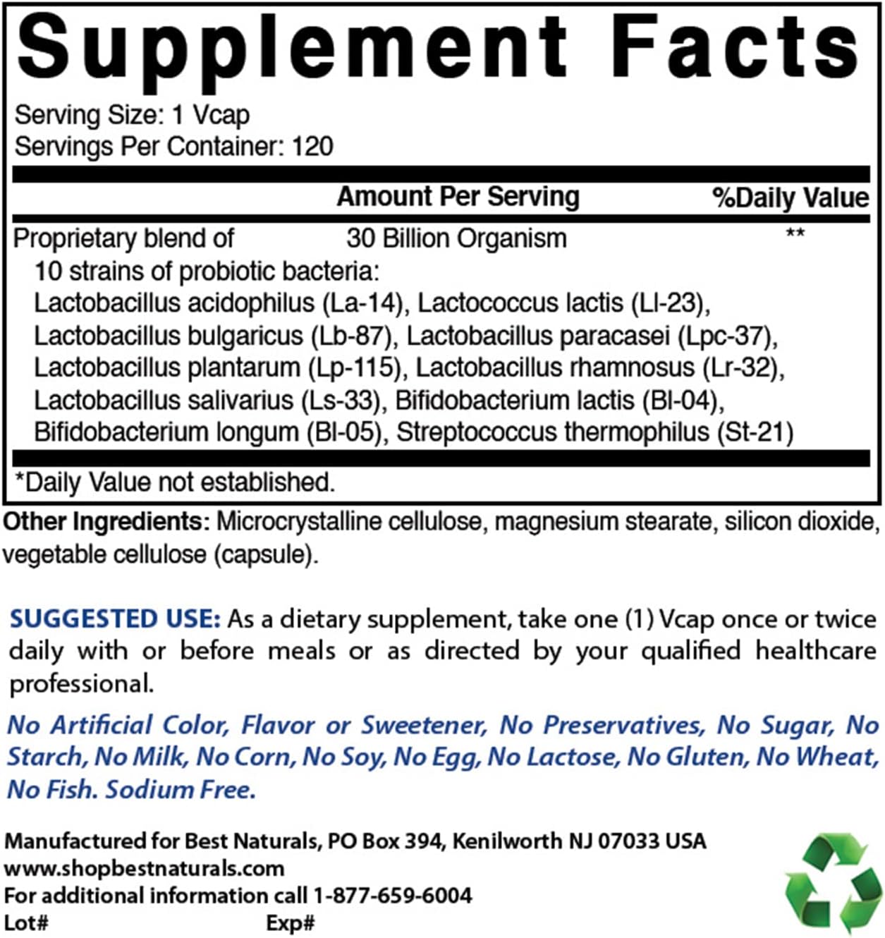 120 Count Best Naturals Probiotic 10 Strains 30 Billion Shelf Stable Veggie Caps - Pack of 2