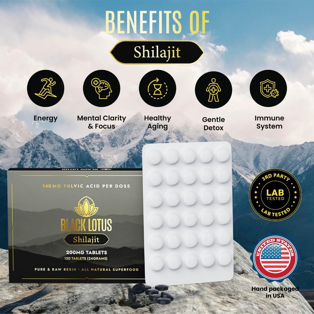 120 Count Black Lotus Shilajit Resin Tablets - 100% Pure Natural Shilajit for Immune Support, Focus, Energy - 200mg Each, with Amino Acids, Fulvic Acid, Trace Minerals for Men & Women