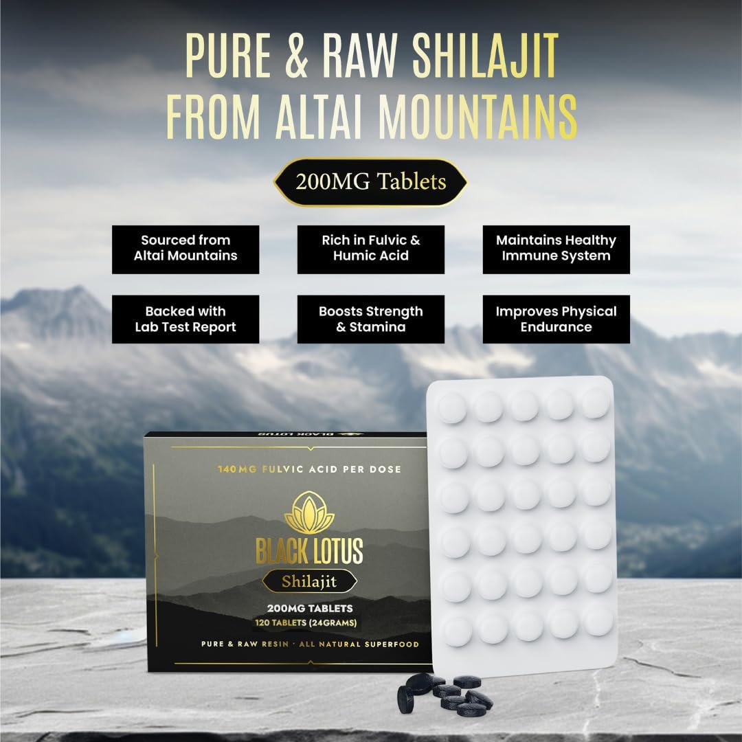 120 Count Black Lotus Shilajit Resin Tablets - 100% Pure Natural Shilajit for Immune Support, Focus, Energy - 200mg Each, with Amino Acids, Fulvic Acid, Trace Minerals for Men & Women