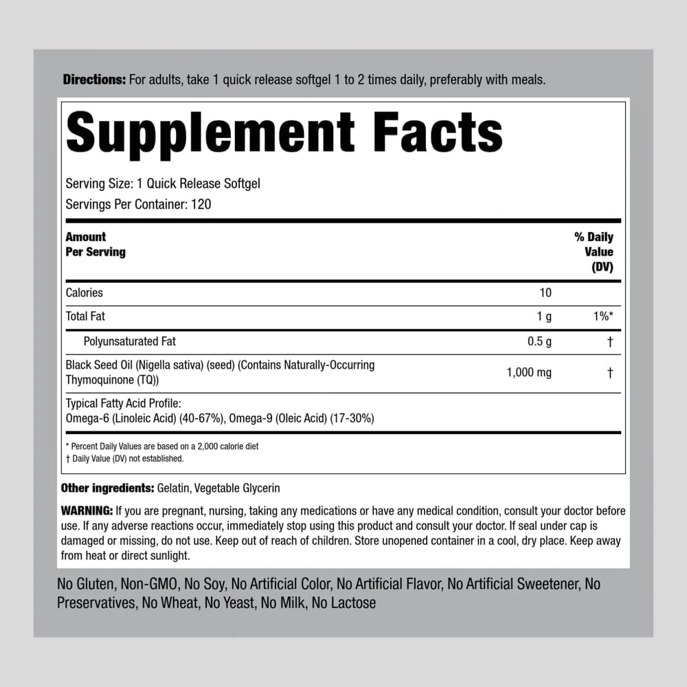 120 Count Black Seed Oil Softgel Capsules 1000mg - Cold Pressed Virgin, Non-GMO, Gluten Free - Piping Rock