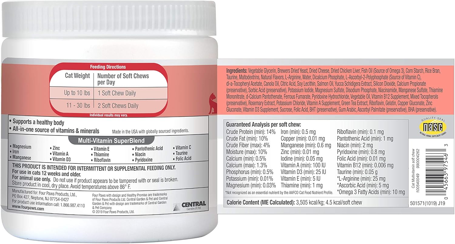 120 Count Four Paws Healthy Promise Cat Multivitamin Soft Chews - Essential Daily Nutrients for Cats