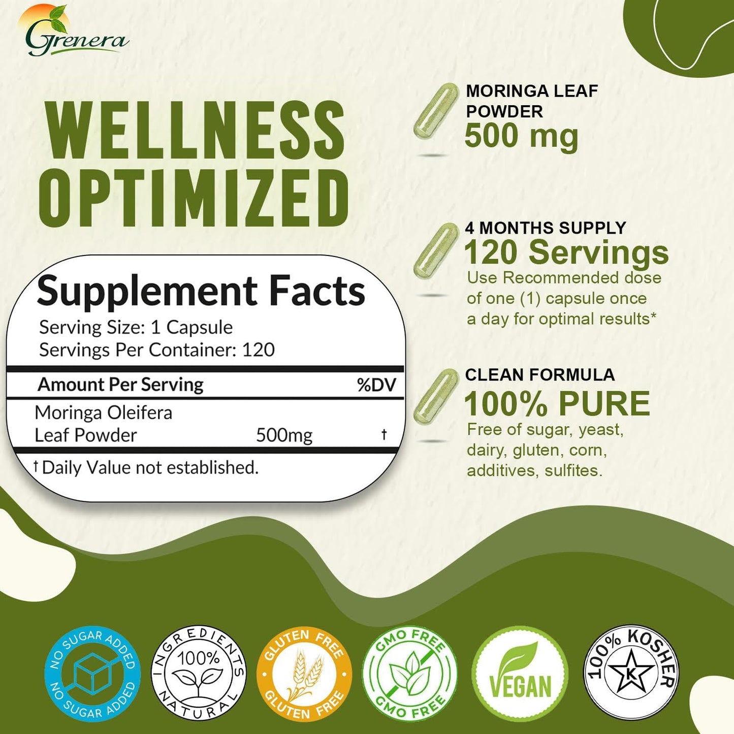 120 Count Grenera Moringa Capsules - Pure Moringa Oleifera Leaf Powder Supplement for Energy, Metabolism, Immune Support