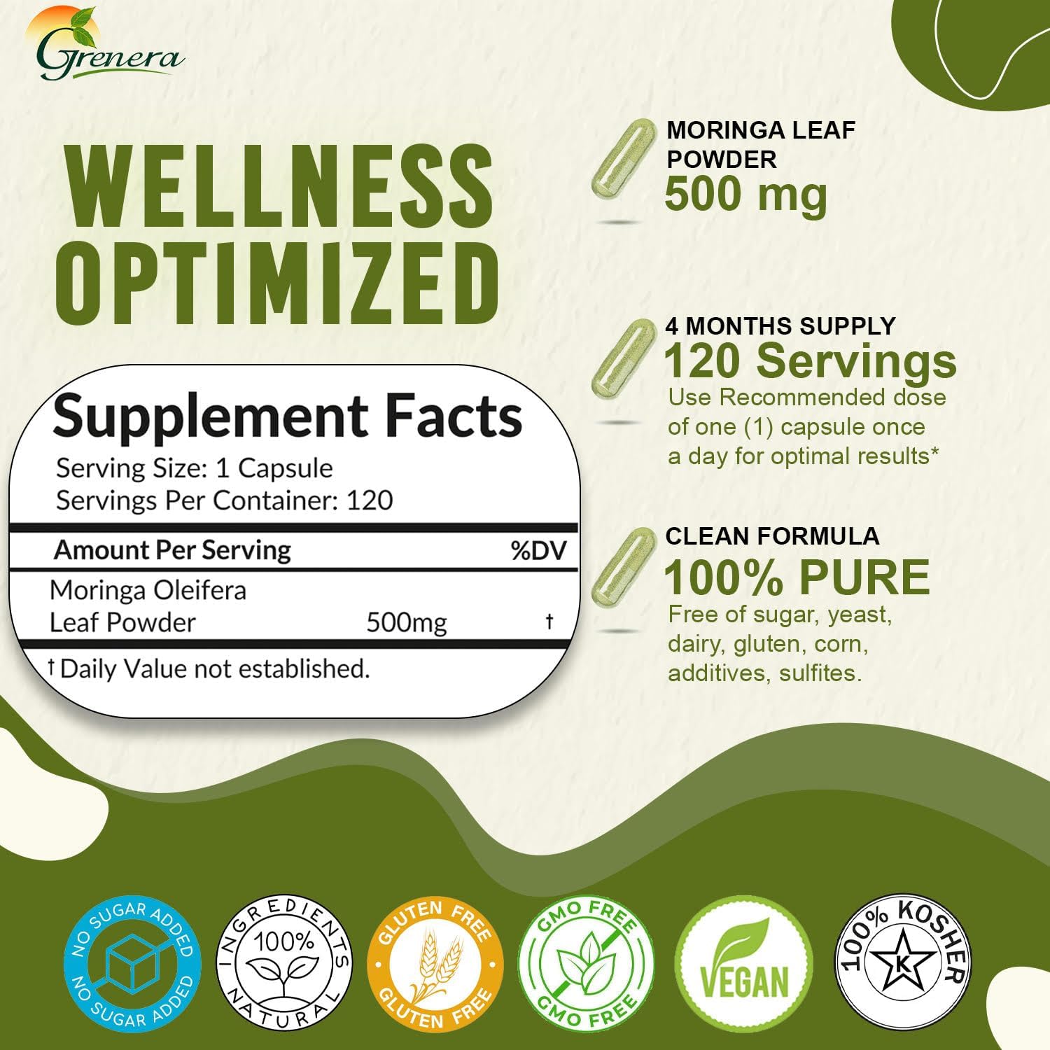 120 Count Grenera Moringa Capsules - Pure Moringa Oleifera Leaf Powder Supplement for Energy, Metabolism, Immune Support