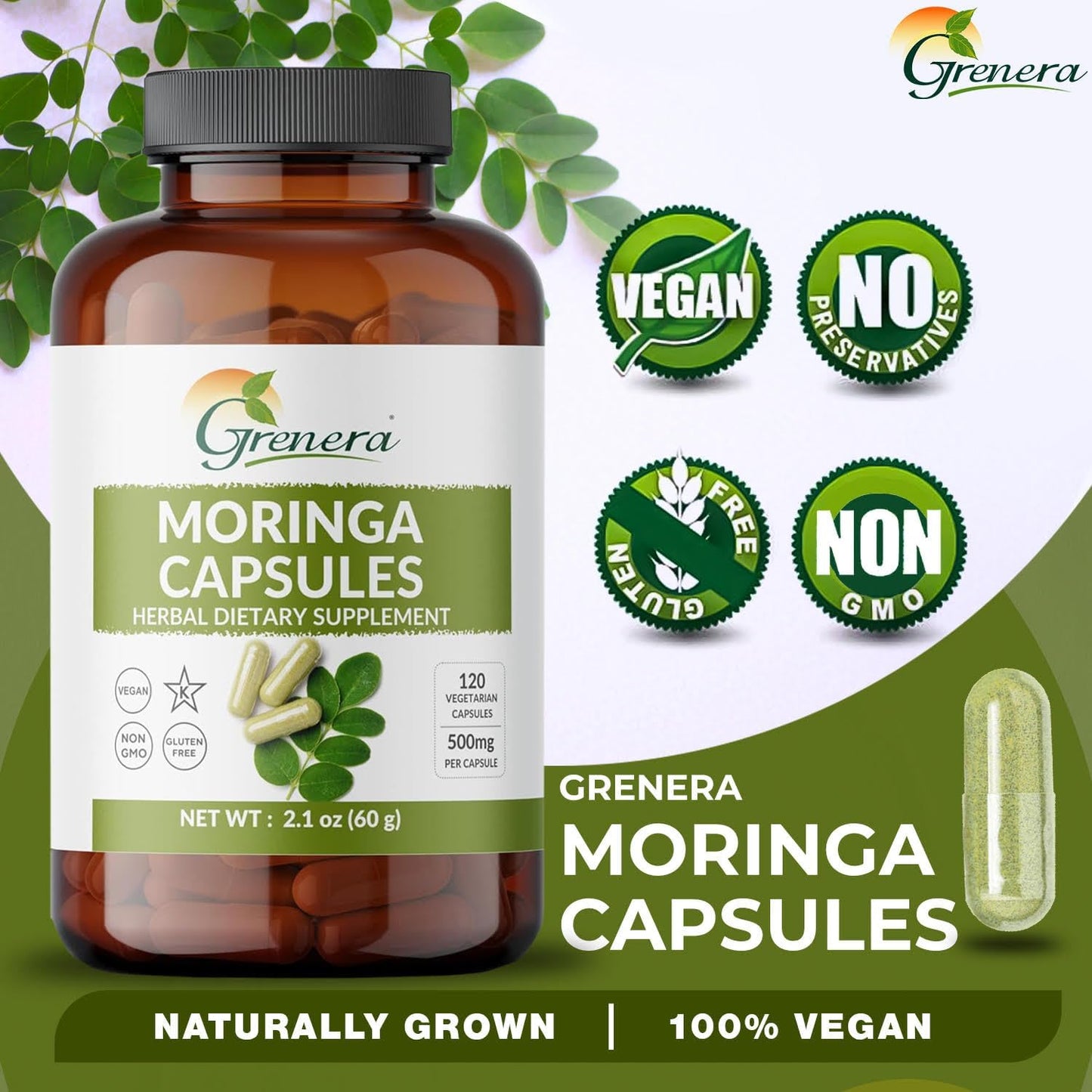 120 Count Grenera Moringa Capsules - Pure Moringa Oleifera Leaf Powder Supplement for Energy, Metabolism, Immune Support