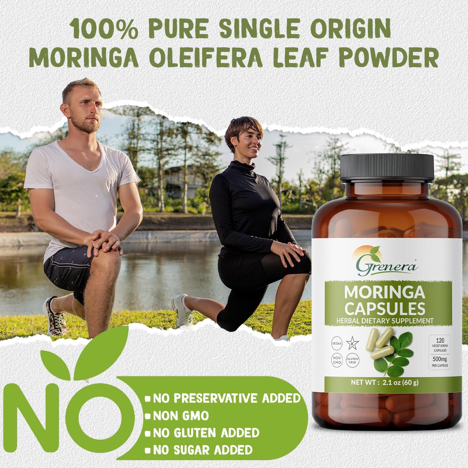 120 Count Grenera Moringa Capsules - Pure Moringa Oleifera Leaf Powder Supplement for Energy, Metabolism, Immune Support