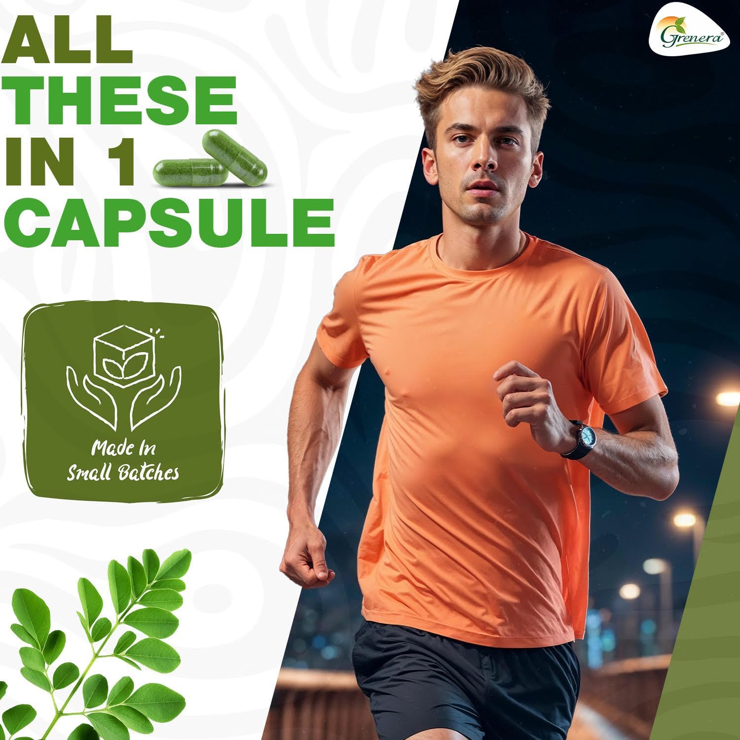 120 Count Grenera Moringa Capsules - Pure Moringa Oleifera Leaf Powder Supplement for Energy, Metabolism, Immune Support