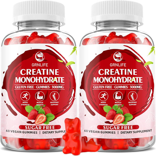 120 Count GrnLife Creatine Monohydrate Gummies for Muscle Strength, Energy Boost - Men & Women, Vegan Chewables, Strawberry Flavor, Sugar Free