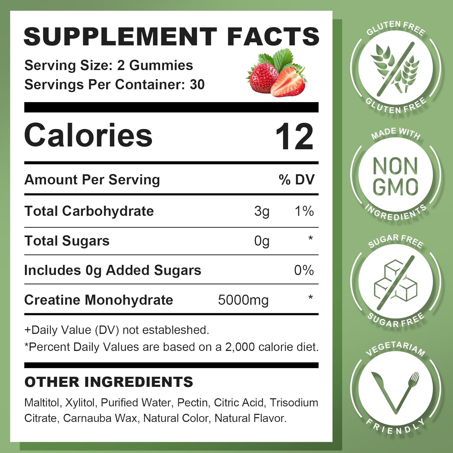 120 Count GrnLife Creatine Monohydrate Gummies for Muscle Strength, Energy Boost - Men & Women, Vegan Chewables, Strawberry Flavor, Sugar Free