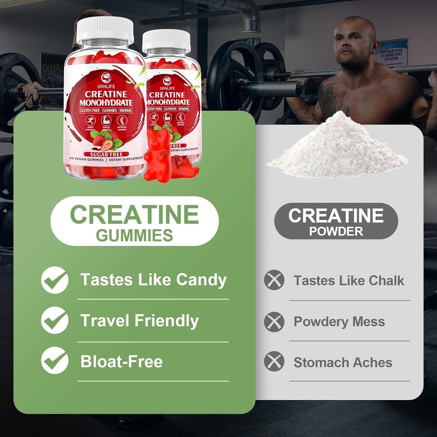 120 Count GrnLife Creatine Monohydrate Gummies for Muscle Strength, Energy Boost - Men & Women, Vegan Chewables, Strawberry Flavor, Sugar Free