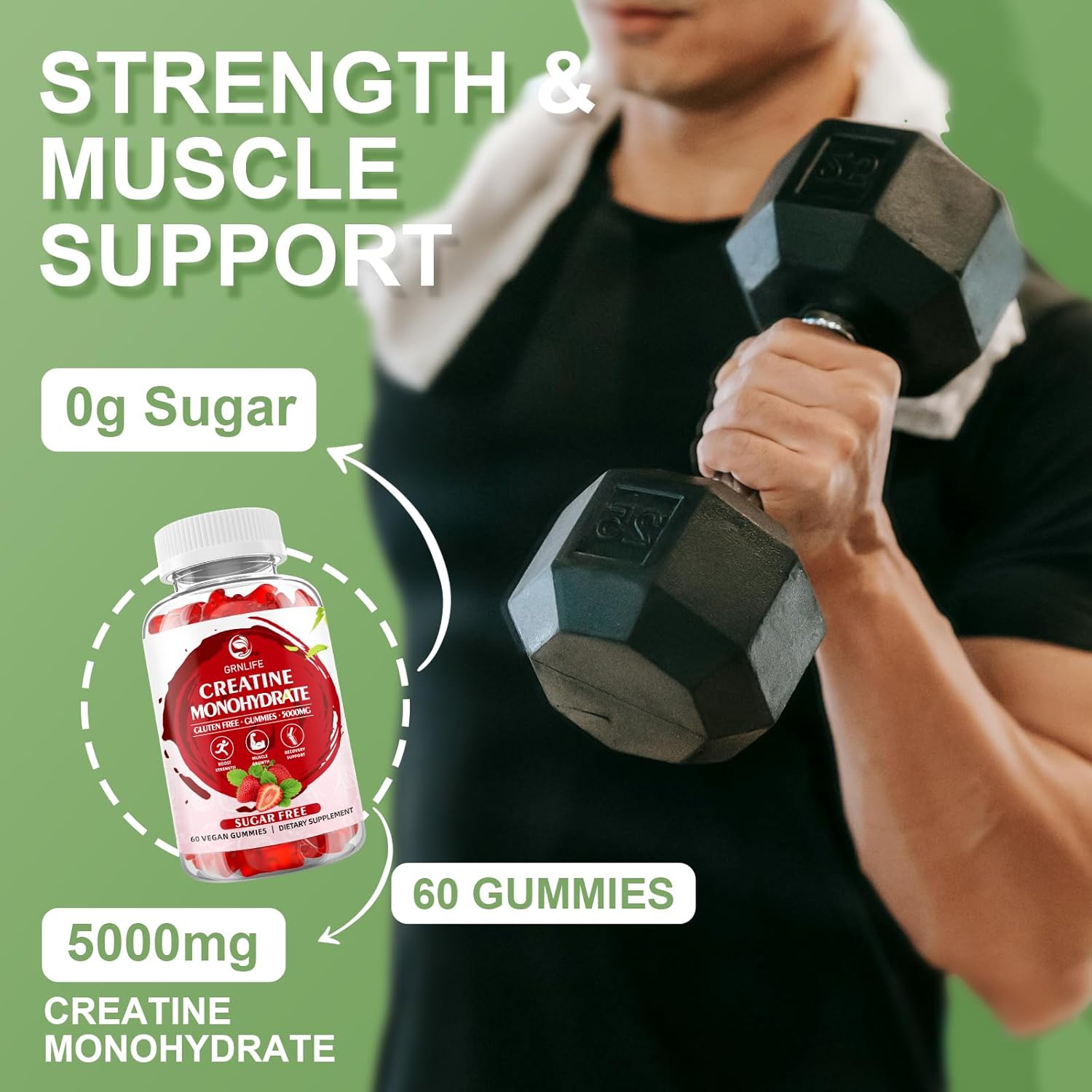 120 Count GrnLife Creatine Monohydrate Gummies for Muscle Strength, Energy Boost - Men & Women, Vegan Chewables, Strawberry Flavor, Sugar Free
