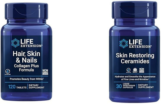 120 Count Hair, Skin & Nails Collagen Plus Formula with 30 Liquid Vegetarian Capsules of Skin Restoring Ceramides