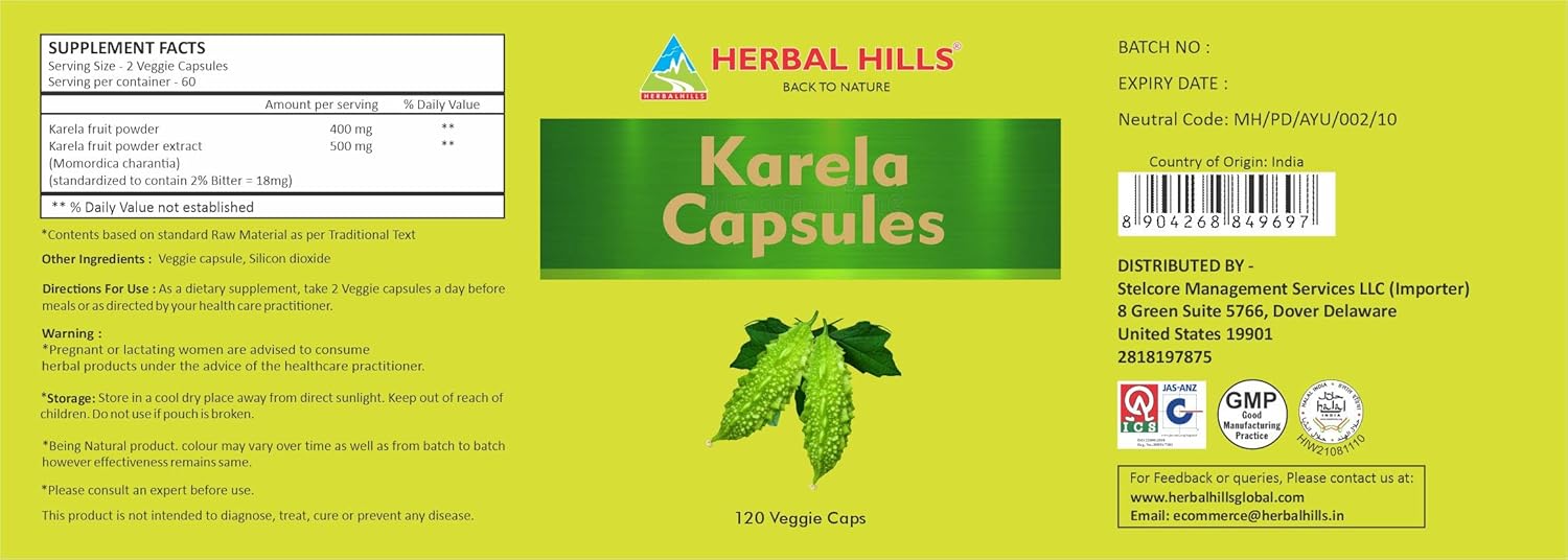 120 Count Herbal Hills Bitter Melon Capsules for Eye and Skin Health - 900 mg (Momordica Charantia)