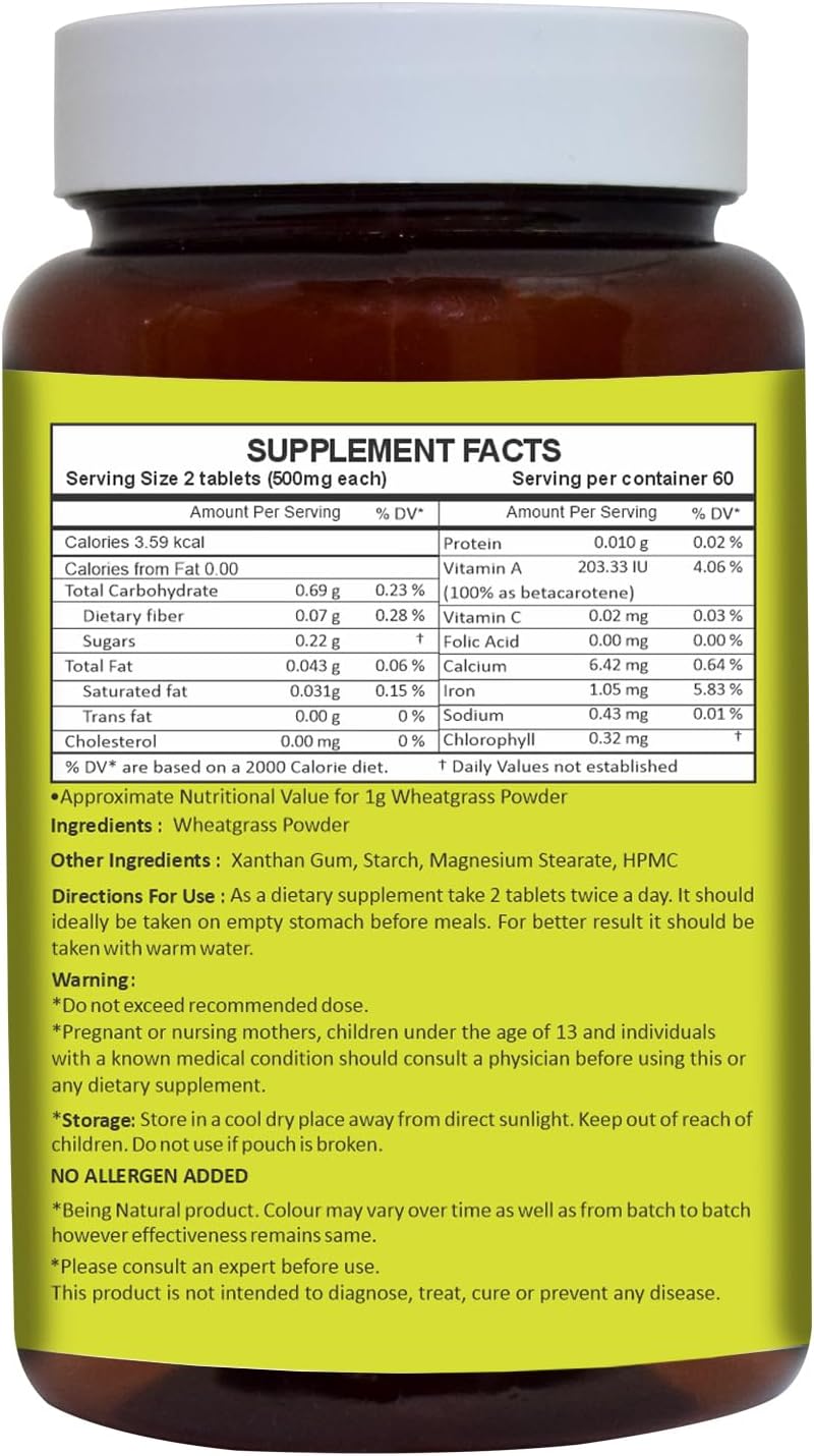 120 Count Herbal Hills Whole-Leaf Wheat Grass Tablets - Natural Wheatgrass Powder