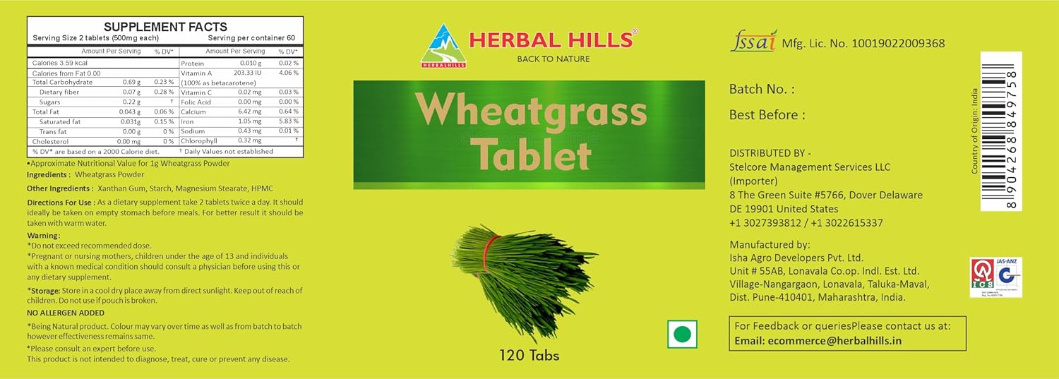120 Count Herbal Hills Whole-Leaf Wheat Grass Tablets - Natural Wheatgrass Powder