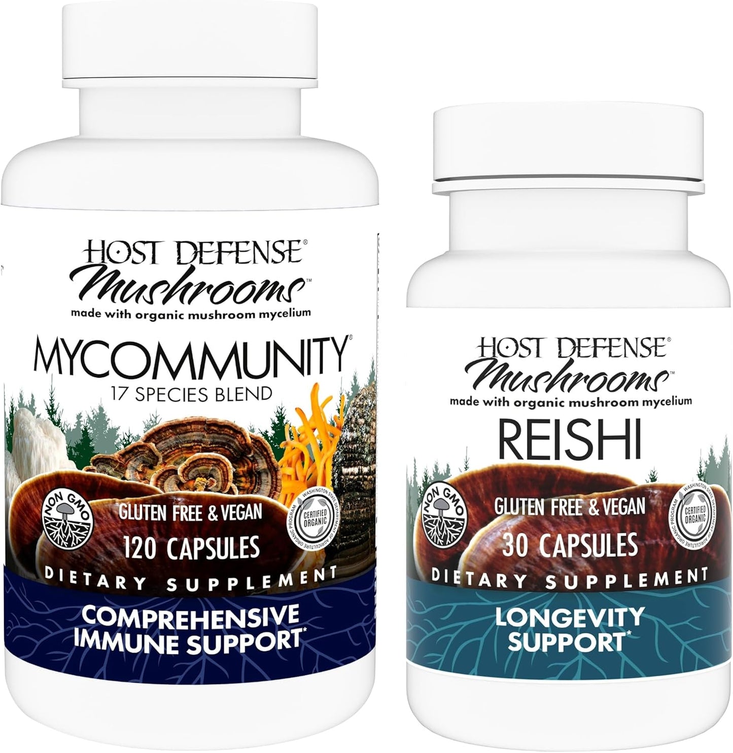120 Count Host Defense MyCommunity & 30 Count Reishi Capsules - Immune & Brain Health Support with Mushroom Blend *