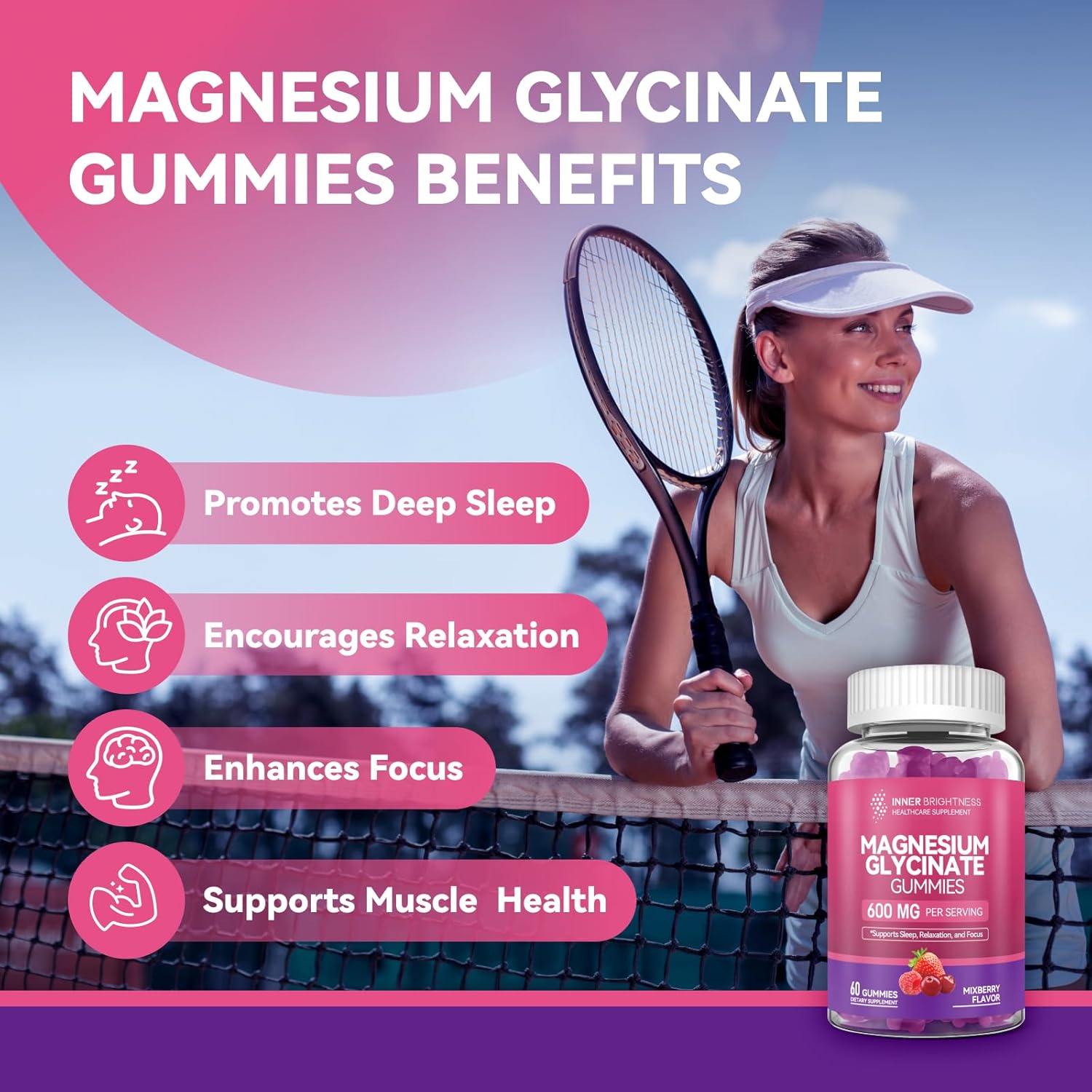 120 Count Inner Brightness Magnesium Glycinate Gummies - Mixed Berry & Pineapple Flavors for Adults - Non-GMO & Gluten-Free - Promotes Sleep, Relaxation, and Focus