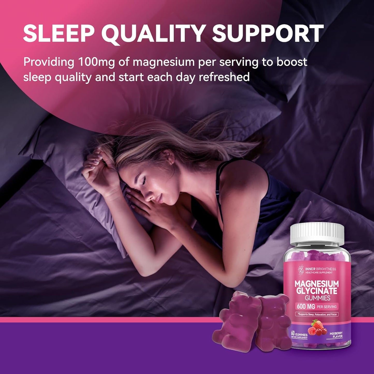120 Count Inner Brightness Magnesium Glycinate Gummies - Mixed Berry & Pineapple Flavors for Adults - Non-GMO & Gluten-Free - Promotes Sleep, Relaxation, and Focus
