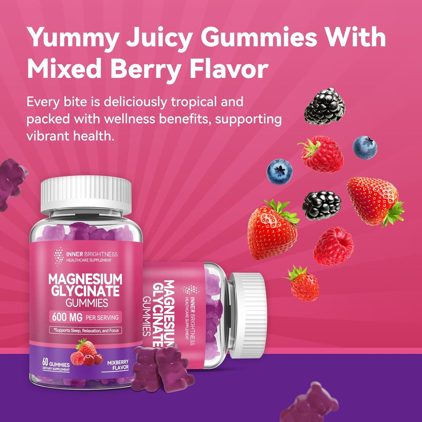 120 Count Inner Brightness Magnesium Glycinate Gummies - Mixed Berry & Pineapple Flavors for Adults - Non-GMO & Gluten-Free - Promotes Sleep, Relaxation, and Focus