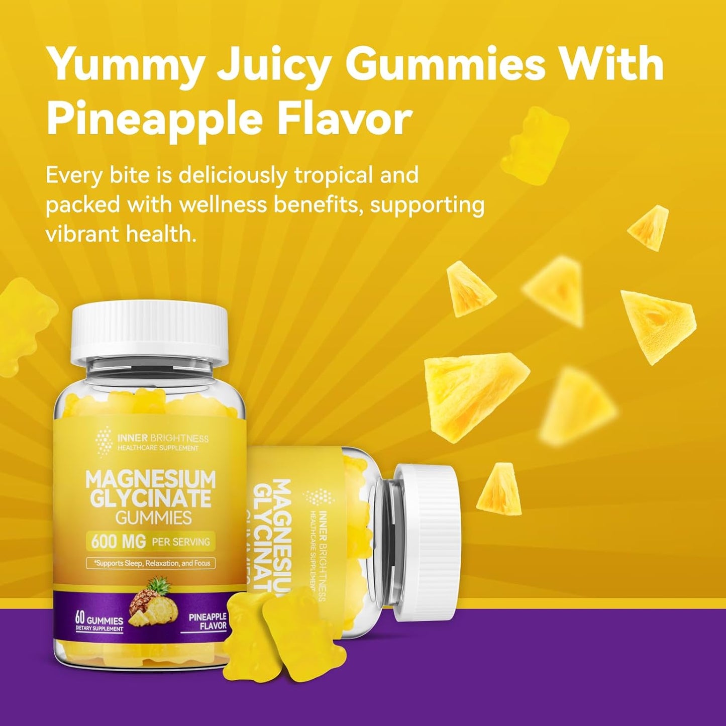 120 Count Inner Brightness Magnesium Glycinate Gummies - Mixed Berry & Pineapple Flavors for Adults - Non-GMO & Gluten-Free - Promotes Sleep, Relaxation, and Focus