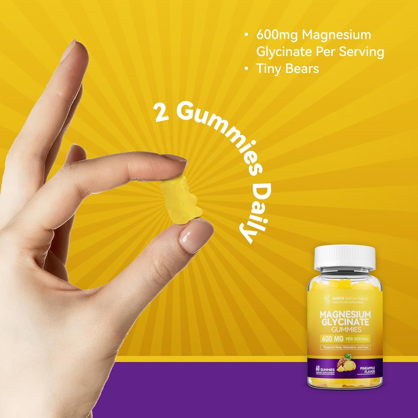 120 Count Inner Brightness Magnesium Glycinate Gummies - Mixed Berry & Pineapple Flavors for Adults - Non-GMO & Gluten-Free - Promotes Sleep, Relaxation, and Focus