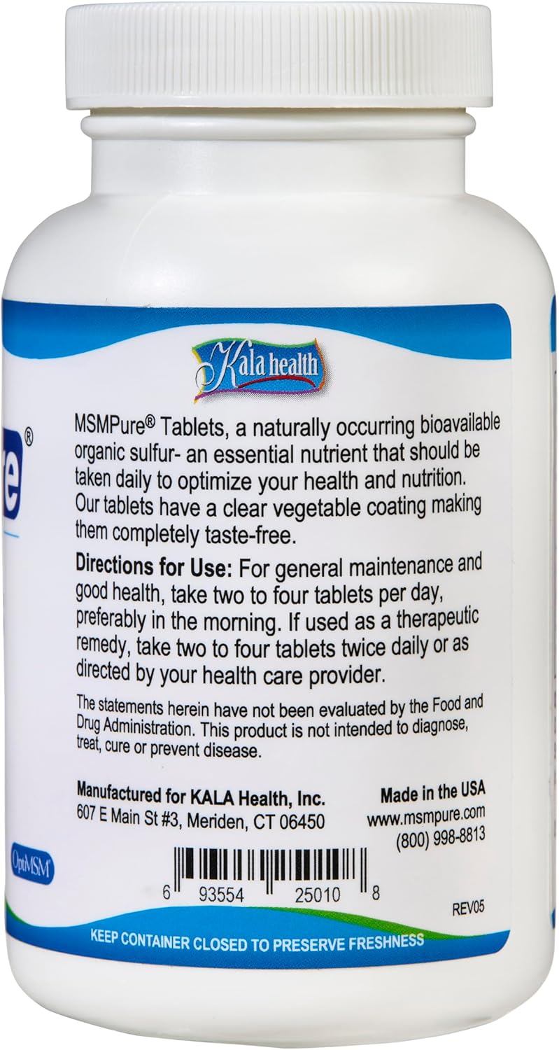 120 Count KALA HEALTH MSMPure MSM Tablets with 1,000 mg Organic Sulfur - Support Joint Flexibility, Skin, Hair & Nails - Made in USA