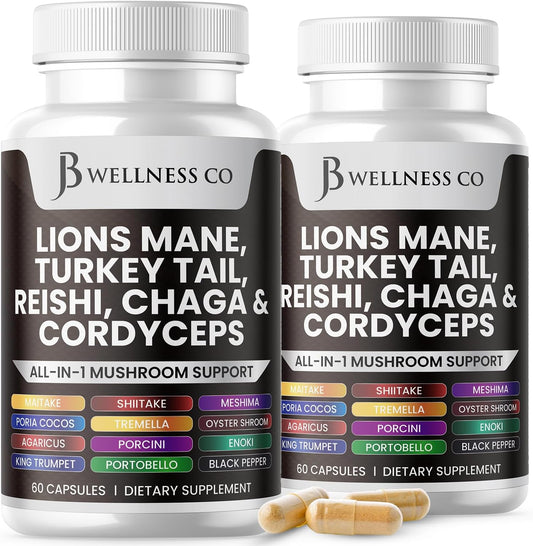120 Count Lions Mane & Mushroom Supplement for Cognitive & Immune Support with Reishi, Cordyceps, Chaga, Marshmallow Root by JB Wellness Co