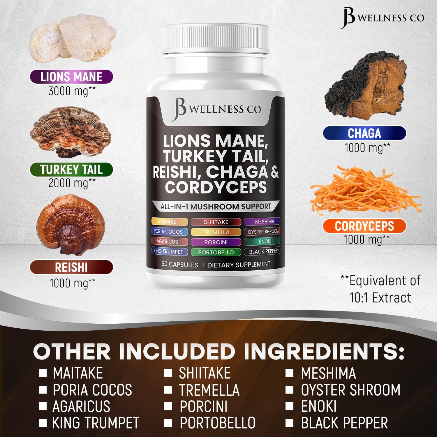 120 Count Lions Mane & Mushroom Supplement for Cognitive & Immune Support with Reishi, Cordyceps, Chaga, Marshmallow Root by JB Wellness Co
