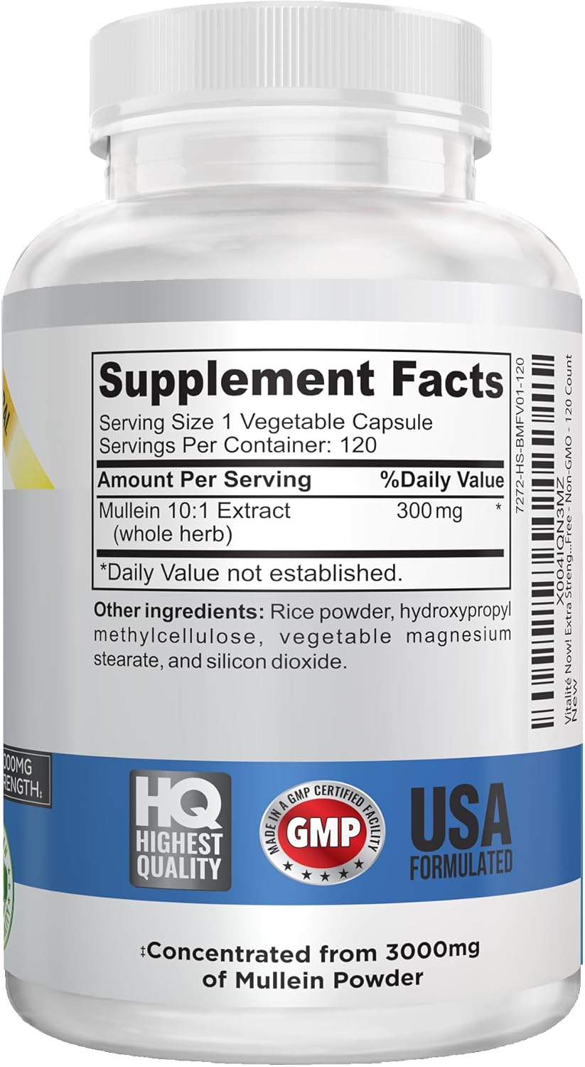 120 Count Mullein 10:1 Extract Capsules - Gluten Free & Non-GMO - Vitalité Now! Extra Strength