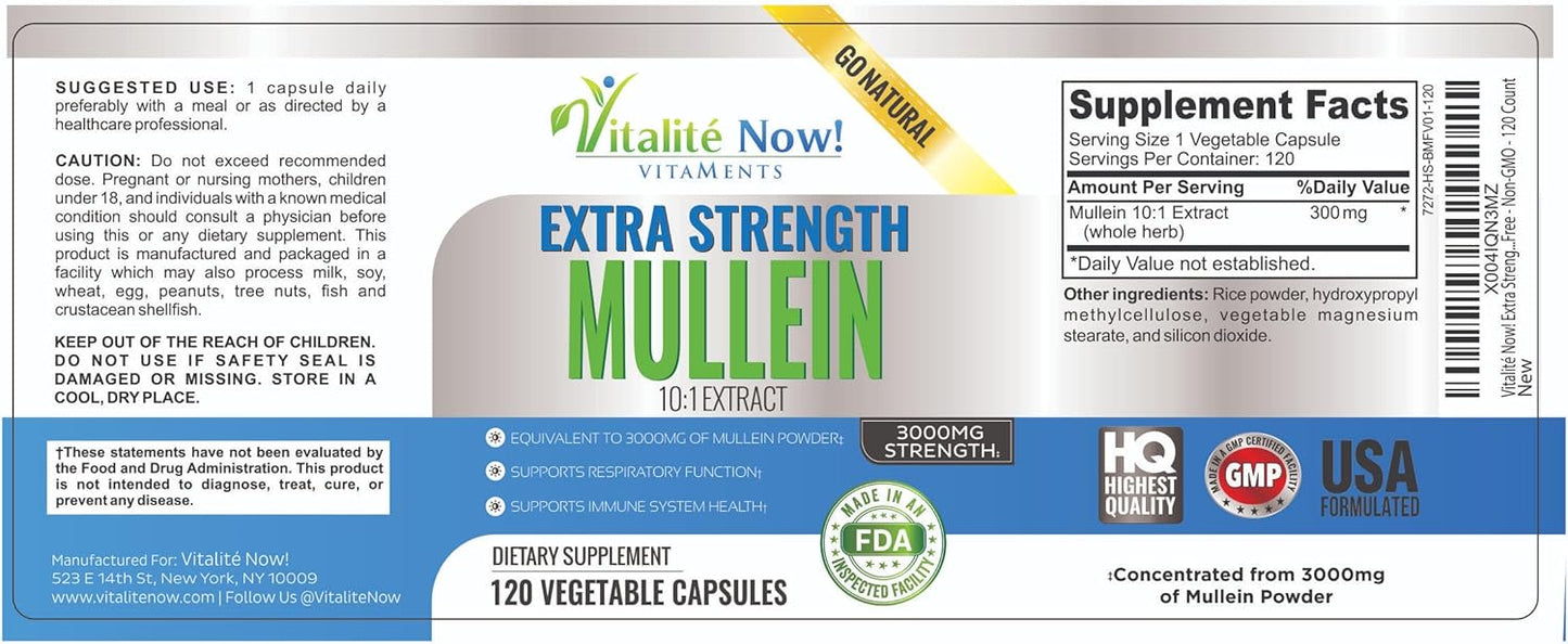 120 Count Mullein 10:1 Extract Capsules - Gluten Free & Non-GMO - Vitalité Now! Extra Strength