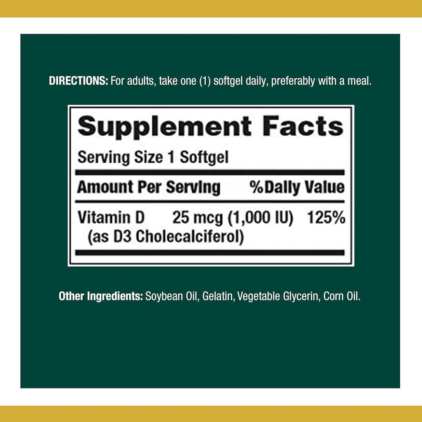120 Count Nature's Bounty Vitamin D3 1000 100 mg Soft Gel Capsules