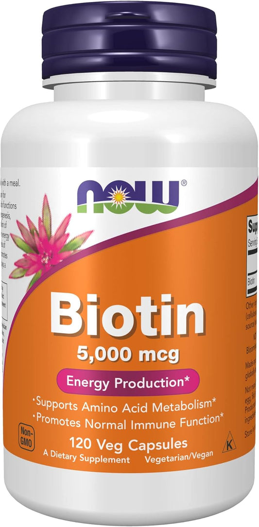 120 Count NOW Foods Biotin 5000 mcg Capsules for Hair, Skin, and Nails