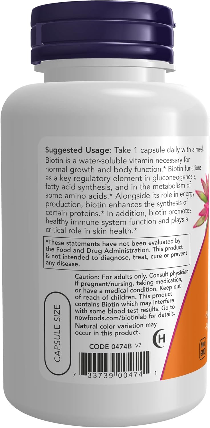120 Count NOW Foods Biotin 5000 mcg Capsules for Hair, Skin, and Nails