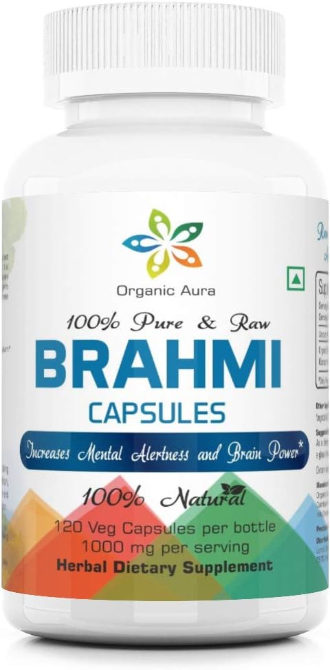 120 Count Organic Aura Brahmi Capsules for Immunity & Memory. Non GMO, Gluten Free Whole Green SuperFood. Boost Strength Naturally.
