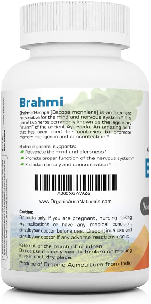 120 Count Organic Aura Brahmi Capsules for Immunity & Memory. Non GMO, Gluten Free Whole Green SuperFood. Boost Strength Naturally.