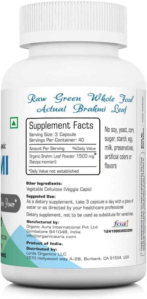 120 Count Organic Aura Brahmi Capsules for Immunity & Memory. Non GMO, Gluten Free Whole Green SuperFood. Boost Strength Naturally.