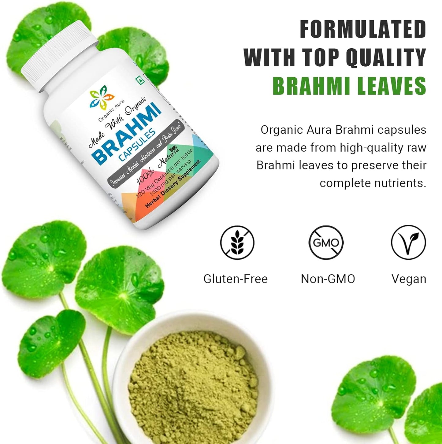 120 Count Organic Aura Brahmi Capsules for Immunity & Memory. Non GMO, Gluten Free Whole Green SuperFood. Boost Strength Naturally.