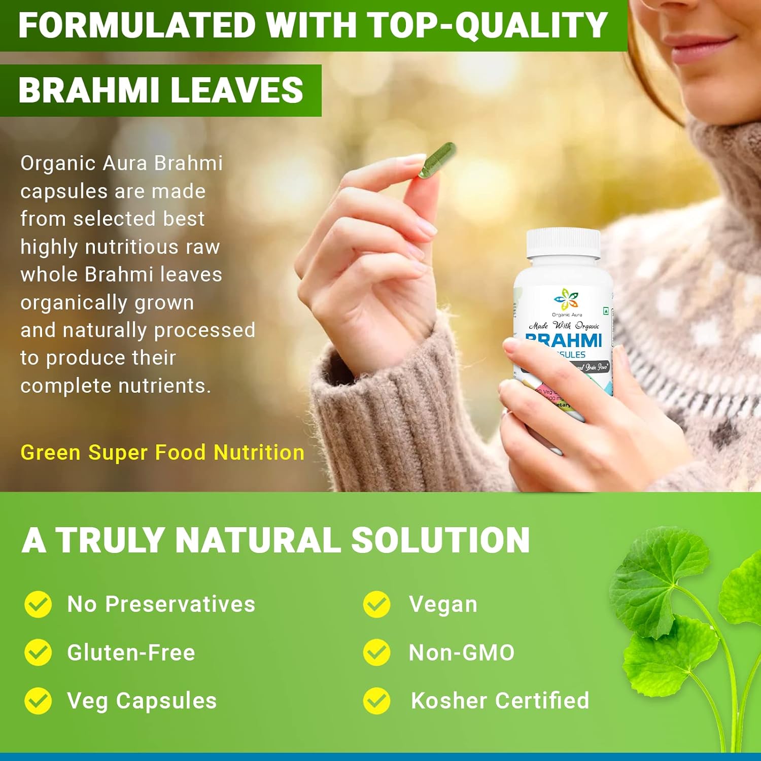 120 Count Organic Aura Brahmi Capsules for Immunity & Memory. Non GMO, Gluten Free Whole Green SuperFood. Boost Strength Naturally.