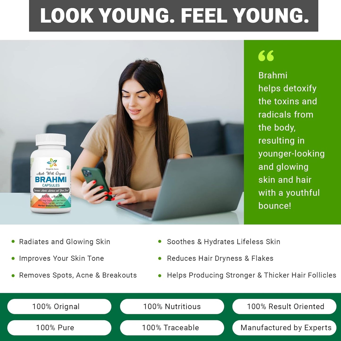 120 Count Organic Aura Brahmi Capsules for Immunity & Memory. Non GMO, Gluten Free Whole Green SuperFood. Boost Strength Naturally.