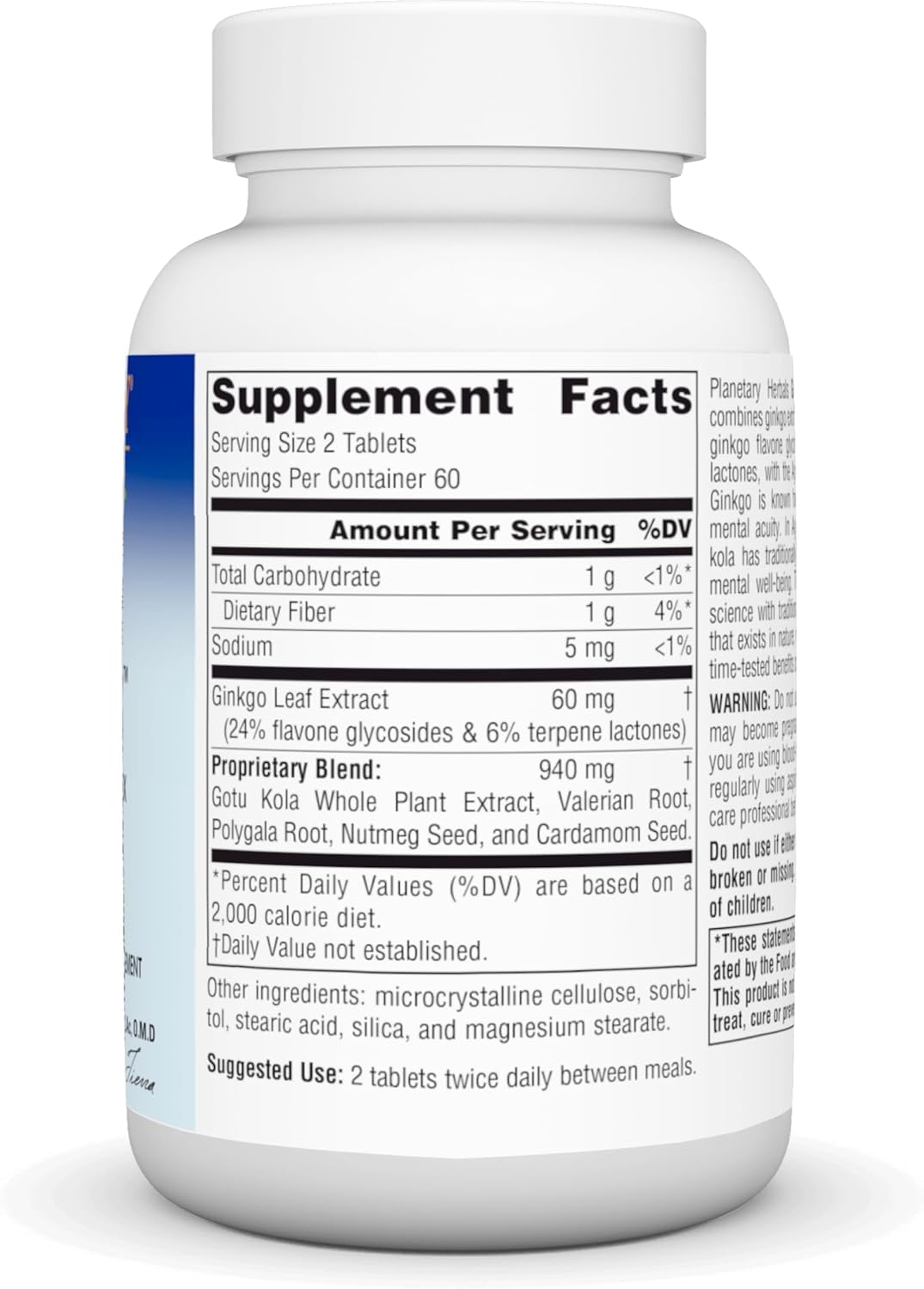 120 Count Planetary Herbals Ginkgo Awareness Tablets for Cognitive Support