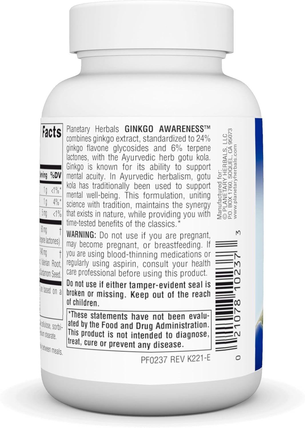 120 Count Planetary Herbals Ginkgo Awareness Tablets for Cognitive Support